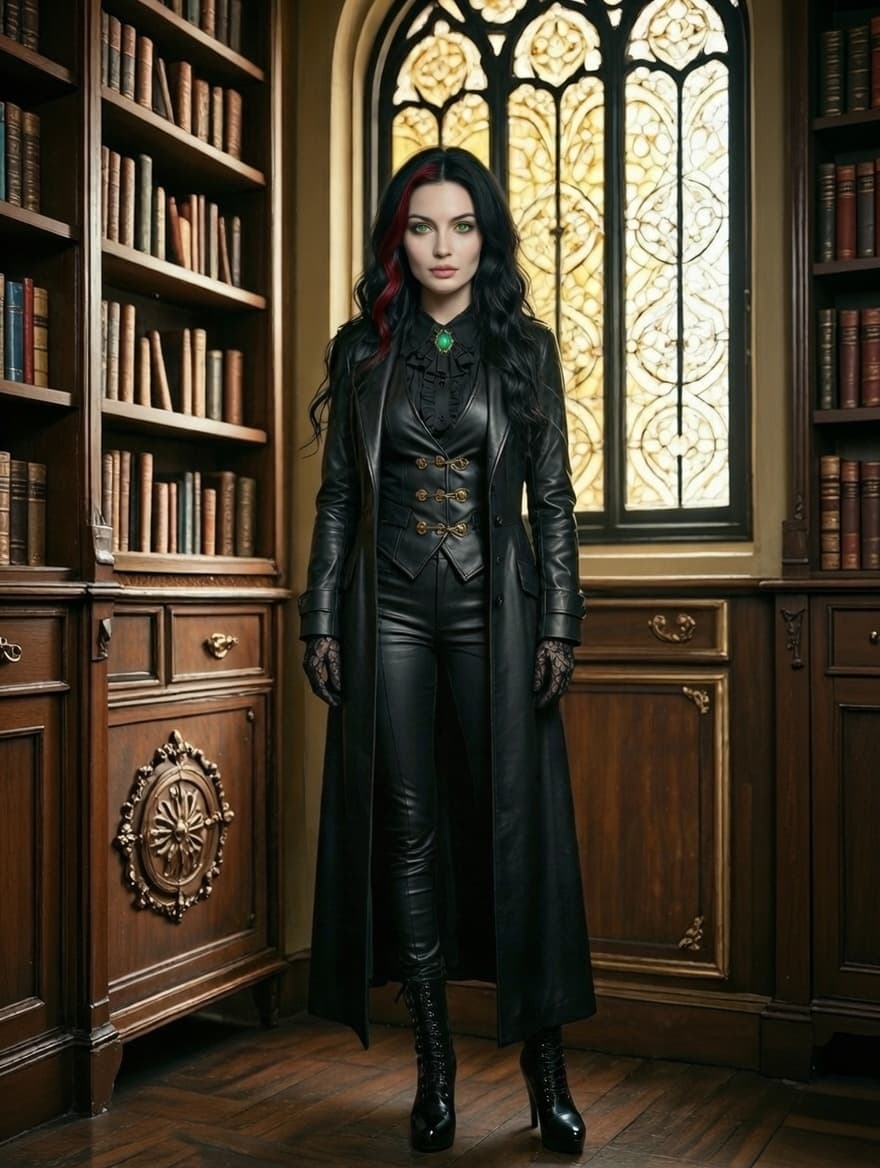 Anastasia Drăculea in a candlelit Victorian library