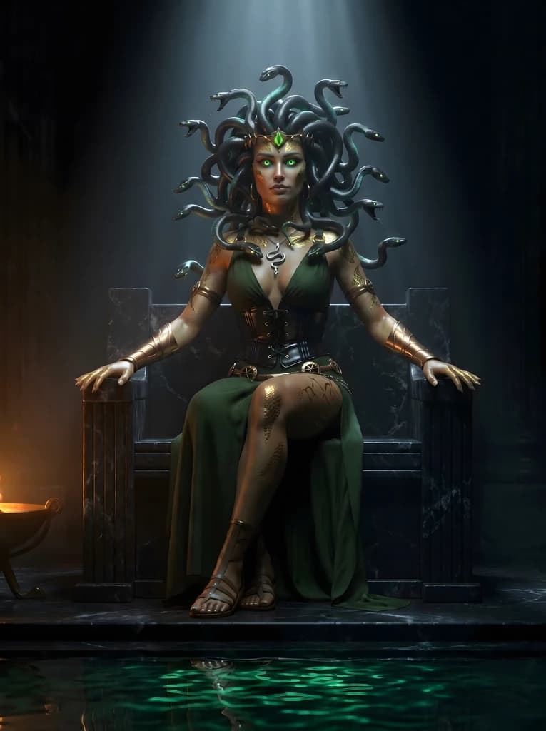 Kalli transformed: her hair become a mass of writhing obsidian serpents, brilliant emerald eyes with vertical pupils, metallic gold scaled patterns tracing her skin.