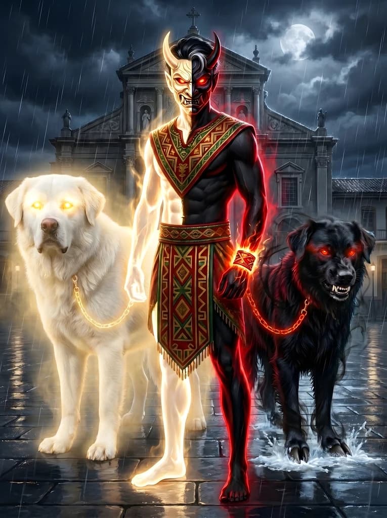 D.J. as the dual-bearer ascendant: his body split down the centreline, one half pale luminous skin, the other matte black rimmed in burning red, a horned Boruca diablito mask over his face, gold and ivory on one side, red and black on the other, both eyes glowing fiery red.