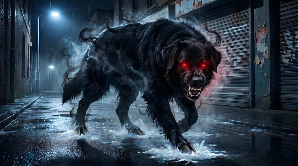 The Black Cadejo prowling a wet city alley in the rain: a massive void-black shaggy dog, bristling mane, crimson glowing eyes above bared white fangs, cloven hooves splashing through puddles, pale icy mist curling around it.