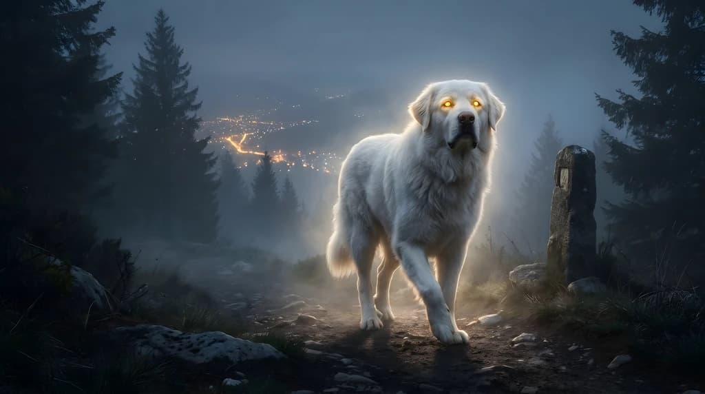 The White Cadejo on a misty mountain path at night: a massive shaggy white dog far larger than a natural hound, its fur wreathed in a soft golden glow, eyes shining gold, a pine forest around it and the distant lights of a town in the valley below.