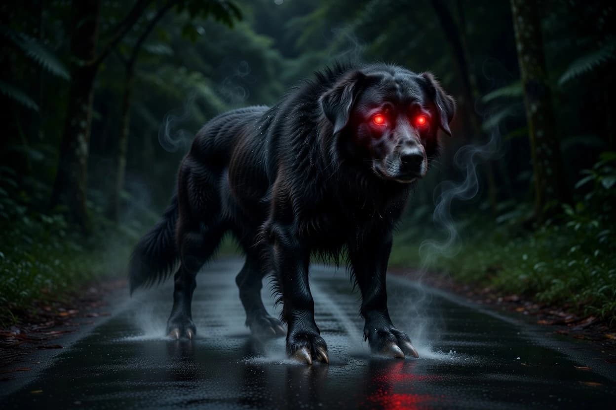 The Black Cadejo on a dark jungle road at night: massive void-black shaggy dog, crimson glowing eyes, goat hooves beneath the fur, oppressive dread, wet tarmac.
