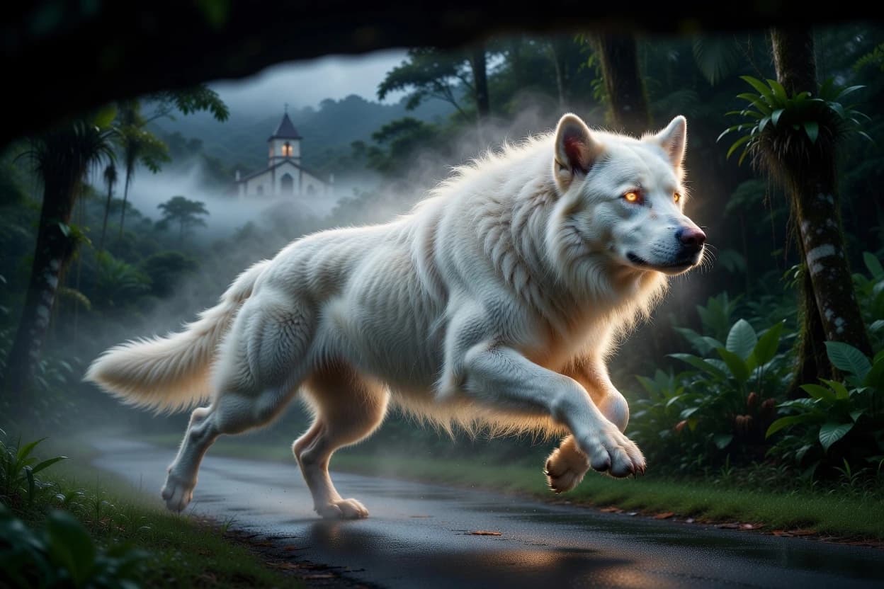 The White Cadejo on a misty Costa Rican road at night: massive shaggy white dog, golden glowing eyes, ethereal inner light, tropical forest, colonial building behind.