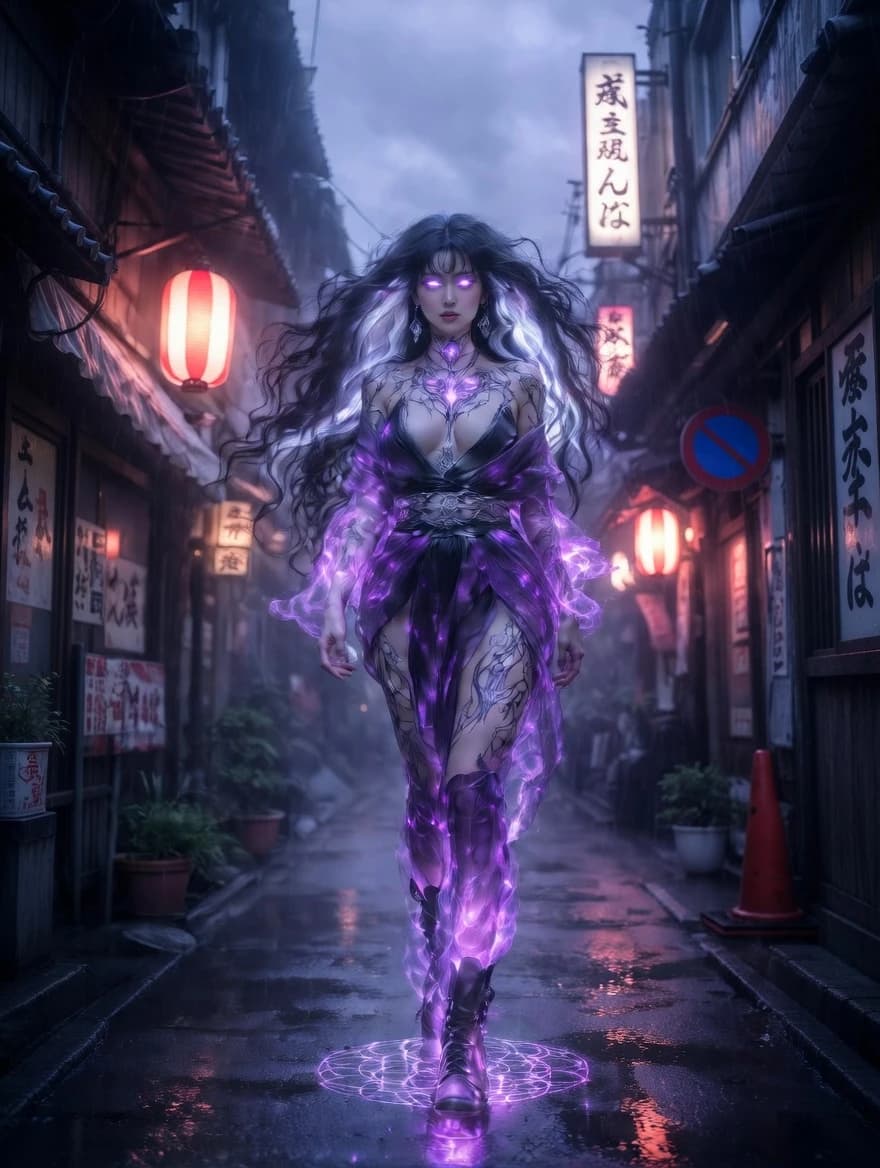Emiko transformed in the same Tokyo alley: purple glowing cosmic tattoos, glowing eyes, mandala on the ground.