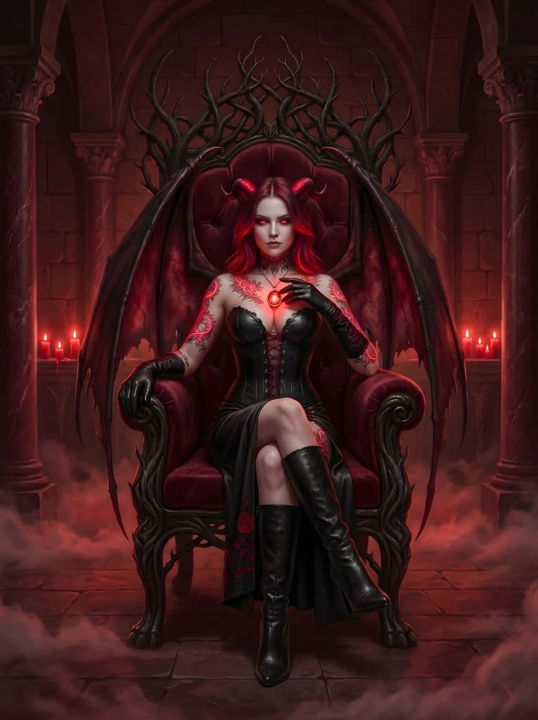 Kate as Lilith's Heir: small curved crimson horns, glowing red eyes with slit pupils, spectral bat-like wings, glowing crimson runic tattoos across her skin.