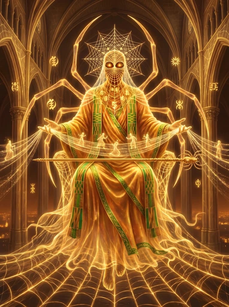 Kae transformed: geometric patterns illuminated across his skin, amber eyes with mathematical symbols in the pupils, the brass ring projecting holographic story-webs around him.