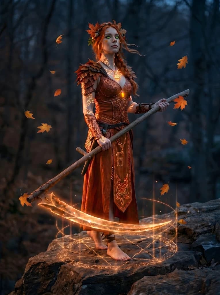 Copper-red hair under a crown of turning leaves, a rust-orange dress shedding falling foliage, her scythe blade and crescent glowing ember-amber.