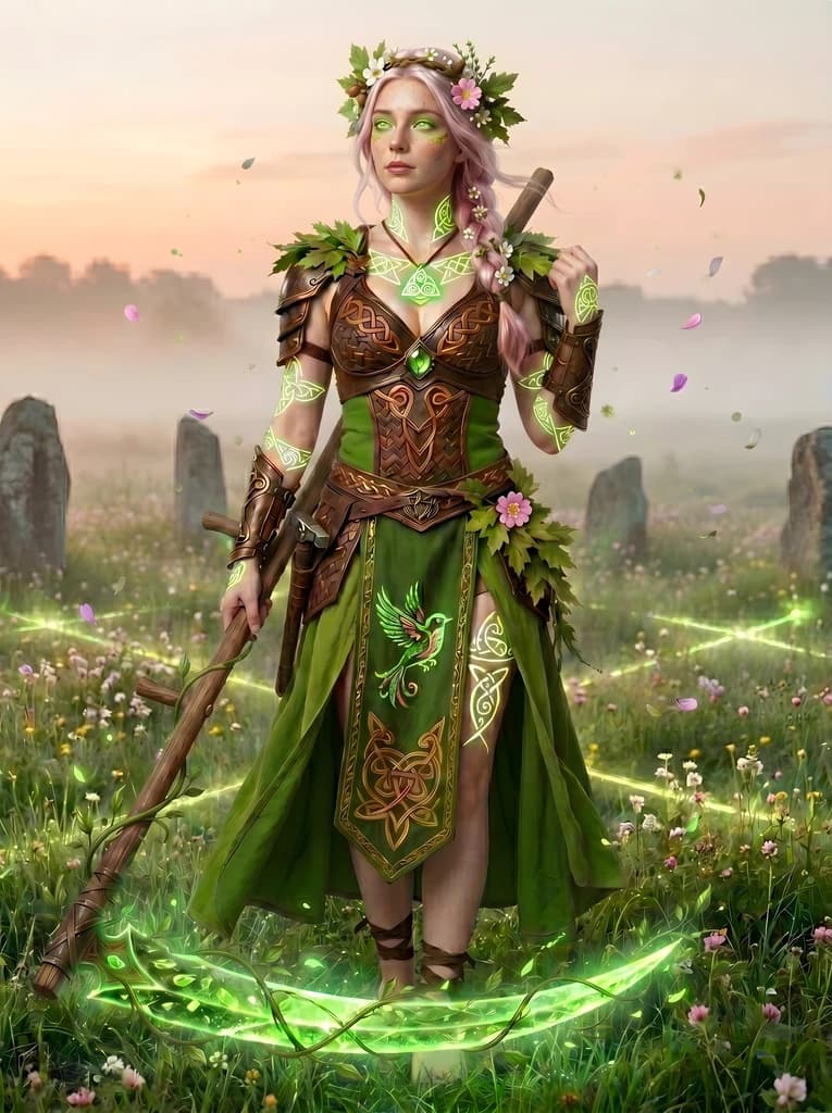 Pale blossom-pink hair under a crown of fresh flowers, a verdant green skirt and leaf-trimmed armour, her scythe blade and the crescent at her feet glowing green with new growth and drifting petals.