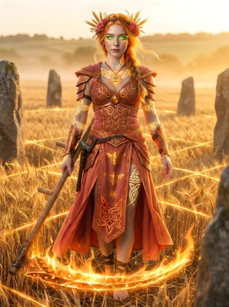 Strawberry-gold hair under a crown of golden wheat and roses, armour and skirt in fiery red and amber, her scythe blade and ground-crescent burning bright golden fire.
