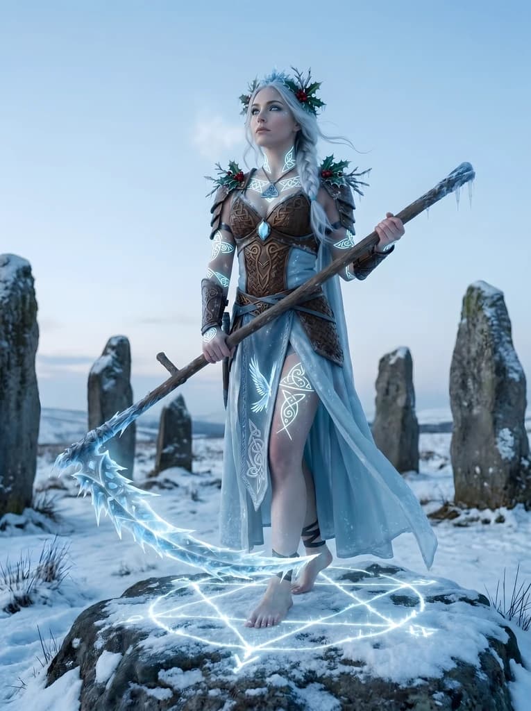 Frost-white hair under a crown of crystalline ice, holly, and red berries, a pale ice-blue gown and cloak, her scythe blade and crescent formed of crackling crystalline ice.