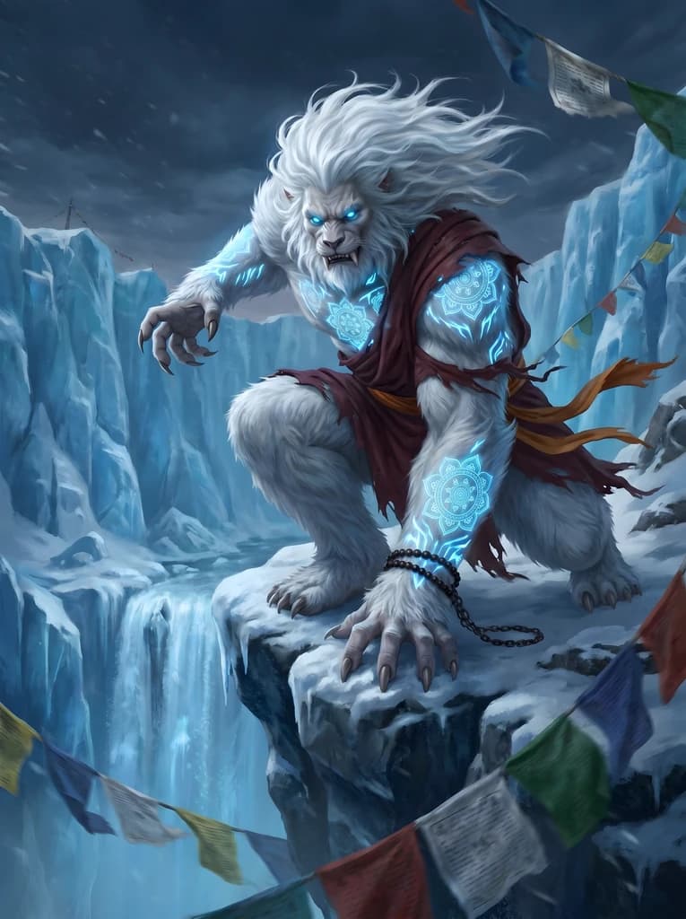 Ten transformed: seven and a half feet tall, thick white fur, a bestial fanged muzzle, glowing arctic-blue eyes and ice-blue energy tattoos.