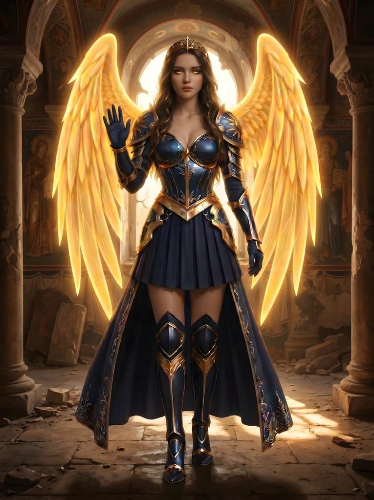 A radiant celestial valkyrie in deep navy plate chased with bright gold, a delicate golden crown at her brow, eyes burning brilliant gold, twin wings of pure golden light arcing from her back.