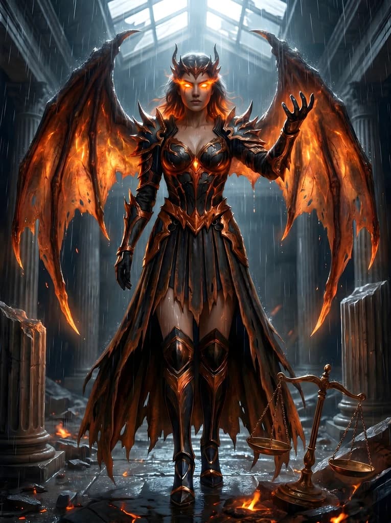 A burning fallen angel: her hair become living fire beneath a jagged horned crown of molten metal, eyes solid blazing flame, bat-wings fully ablaze, the obsidian armour lava-veined and demonic.