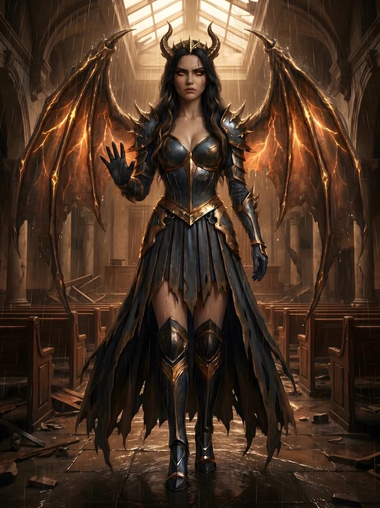 Her wings shed their feathers and reform as membranous bat-wings of dark copper veined with molten cracks, bronze horns push through the crown, her hair darkens to black, and the gold trim sharpens into jagged copper.