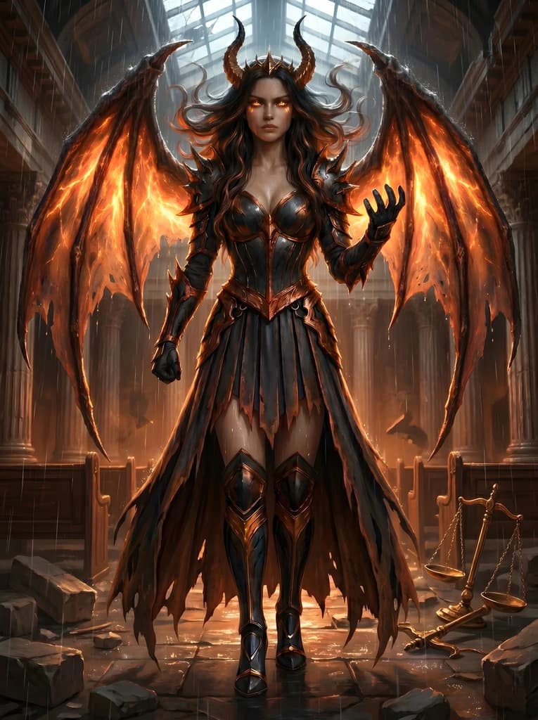 Heavier horns, black hair lifting as if charged and threaded with copper firelight, eyes blazing orange-copper, ragged burning bat-wings with molten veins bright through scorched membrane.