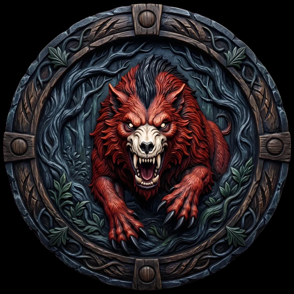 A slate-blue stone medallion banded in iron: a snarling red-furred beast lunging through the centre, jaws bared, ringed by forest vines.