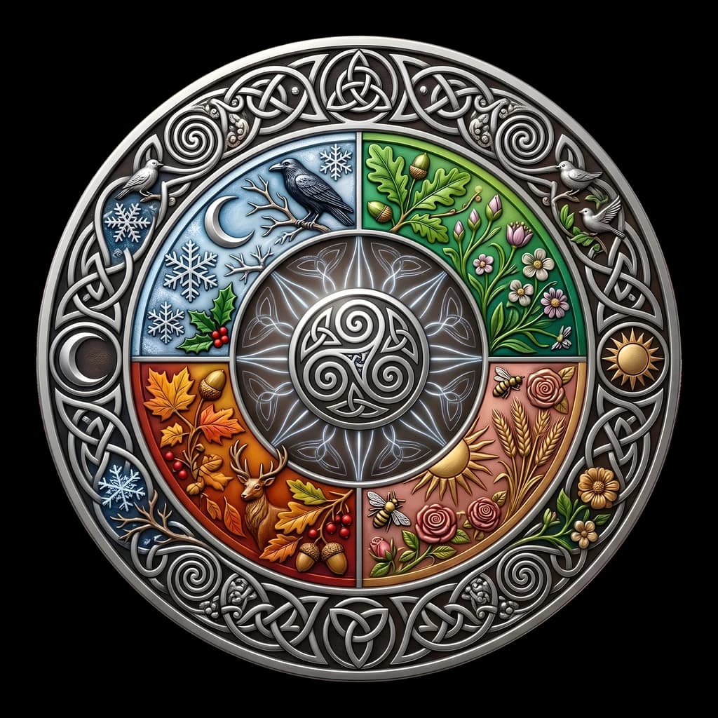 A silver Celtic medallion quartered into the four seasons, winter frost through to summer sun, with a triple-spiral triskele at its heart.