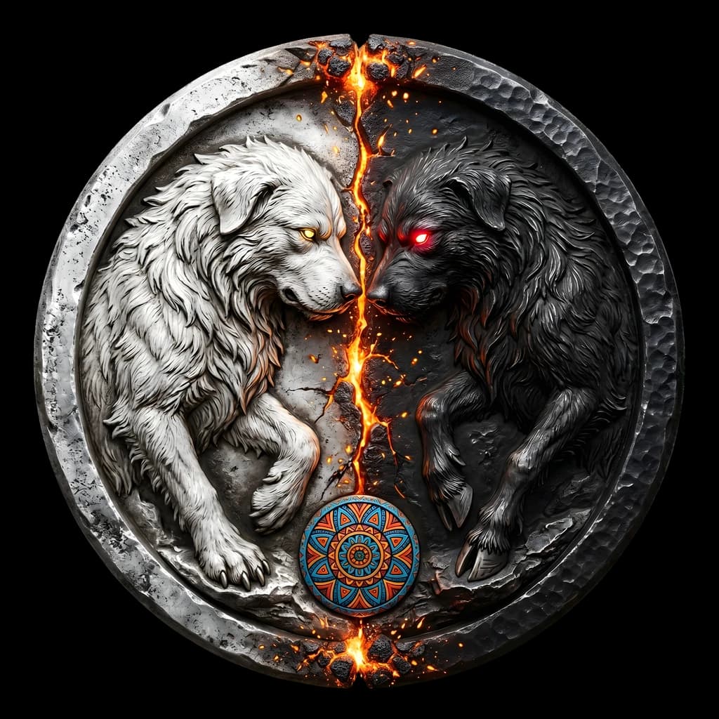 A steel medallion split down the centre by a molten crack: a white dog on one half, a black dog with a red eye on the other, a small Boruca sun-wheel below.