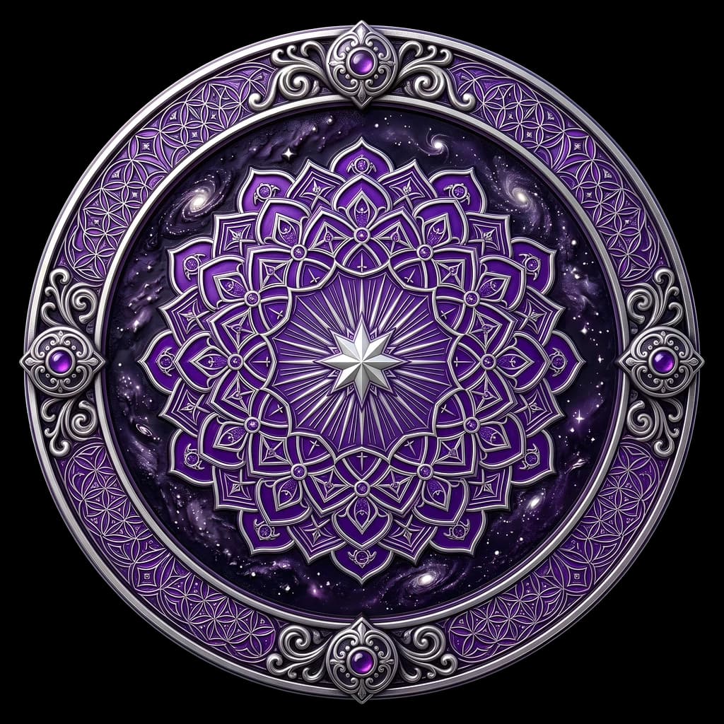 A silver-framed medallion over a starfield: an amethyst-purple cosmic mandala radiating from a single point of light, violet gems set at the cardinal points.