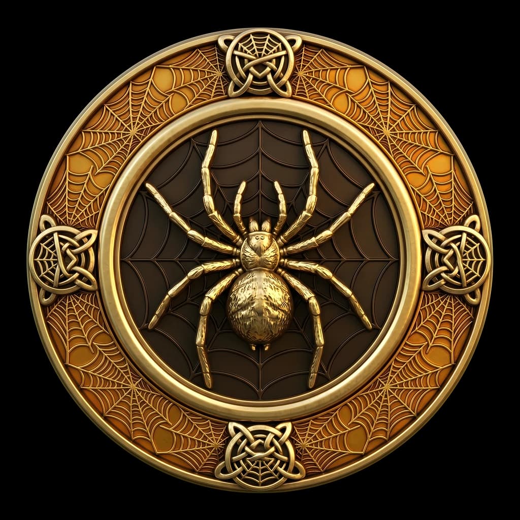 A golden medallion woven with spiderwebs: a single gold spider poised at the centre of its web, Celtic knots set at the cardinal points.
