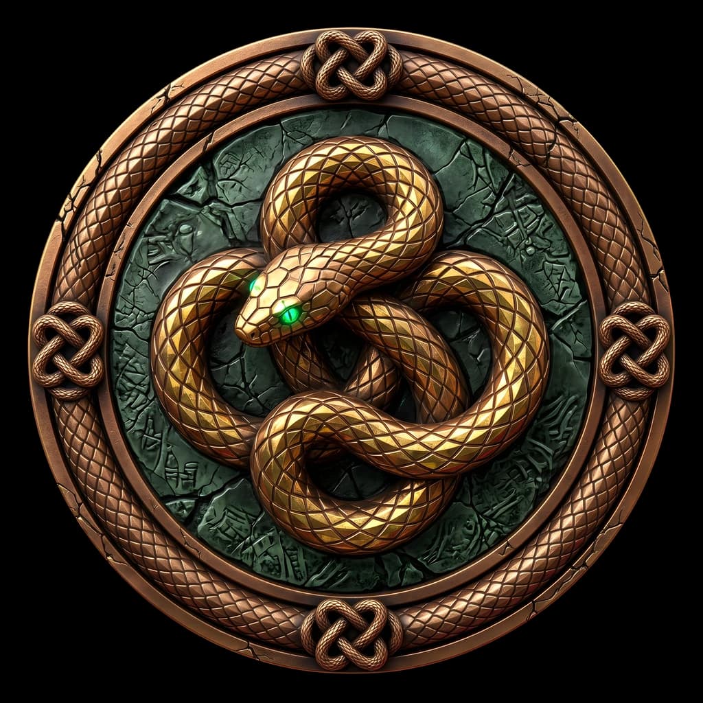 A bronze medallion over weathered green stone: two golden serpents with green eyes interlaced in an endless figure-eight knot, Celtic knots at the corners.