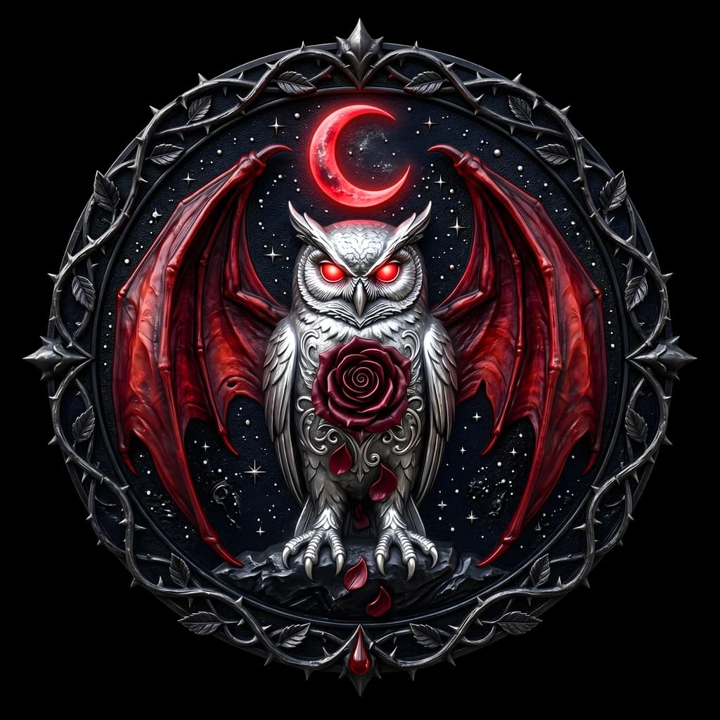 A thorn-ringed medallion beneath a crimson crescent moon: a silver owl with burning red eyes and outspread red bat-wings, a single red rose at its breast.