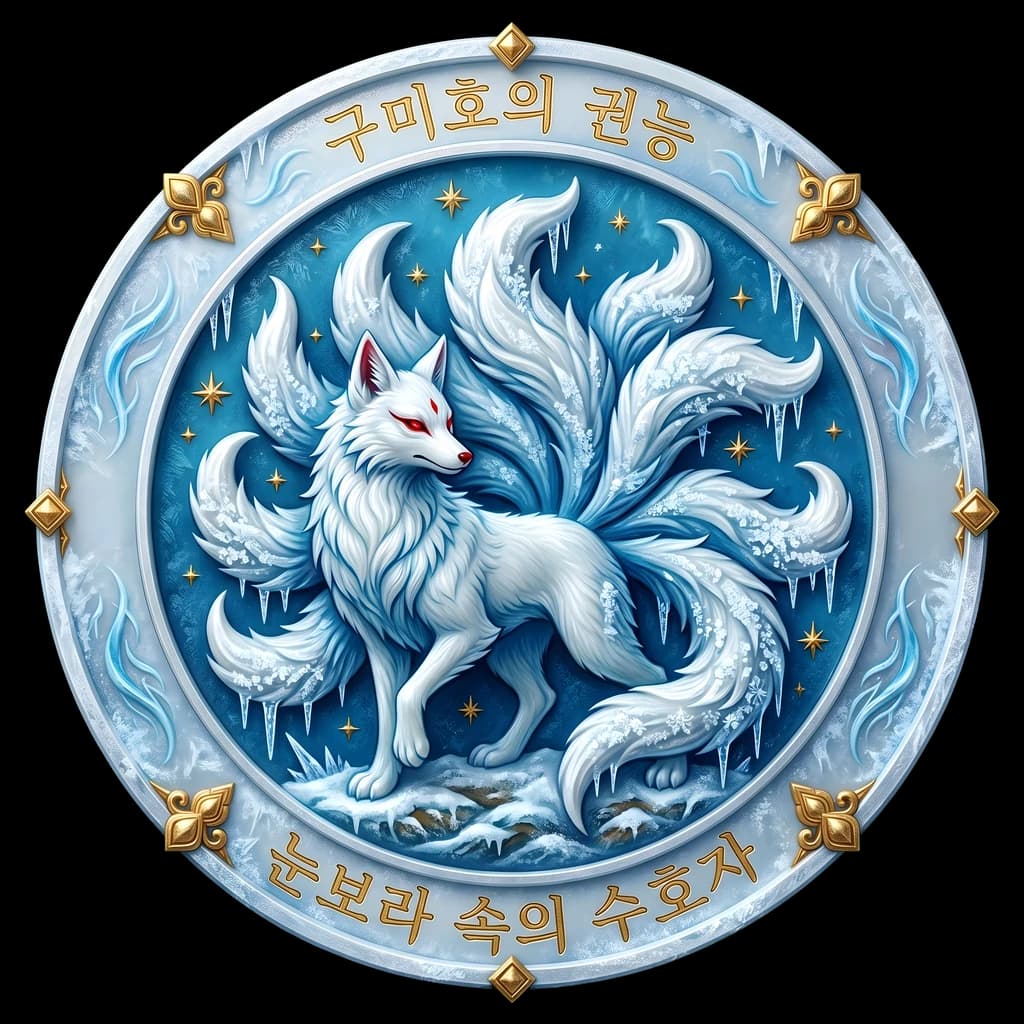An icy-blue medallion bordered in frost and stars: a white nine-tailed fox mid-stride at the centre, Korean script arched above and below.