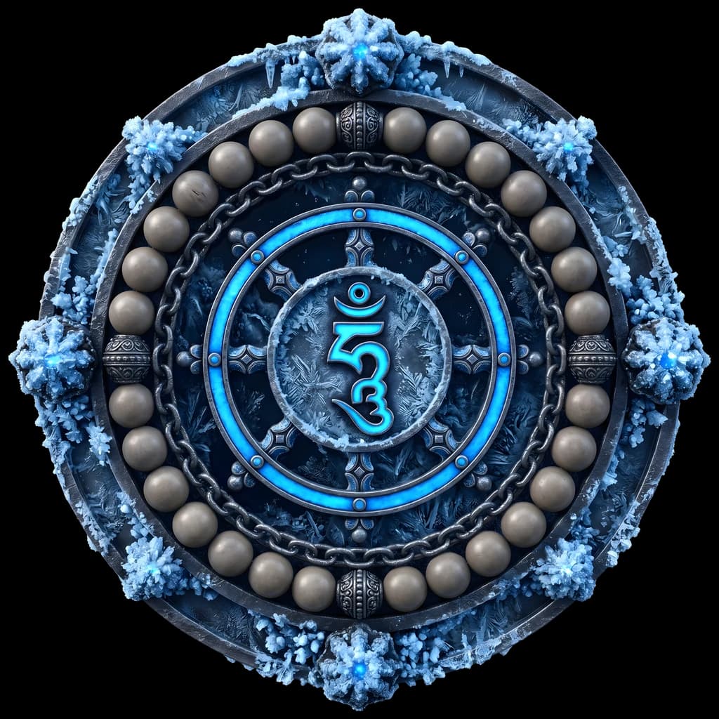 An ice-blue medallion ringed with prayer beads and snow crystals: a Tibetan dharma wheel at the centre, a single script syllable within it.