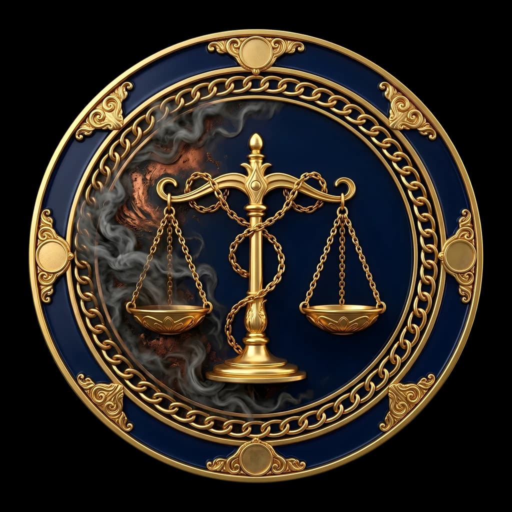 A navy medallion rimmed with gold chain: a golden balance scale standing upright at the centre, pale smoke curling around its arms.